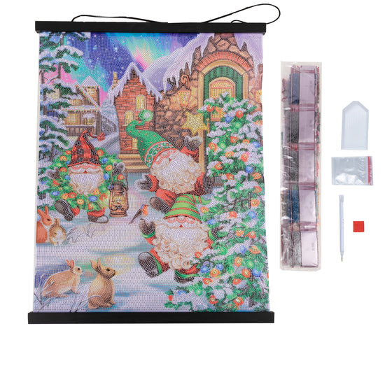 3 Christmas Gnomes Crystal Art Scroll Kit contents