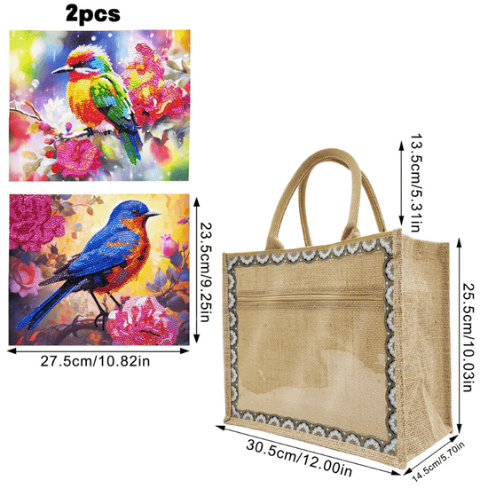 CA-FBC006 Birds Crystal Art Interchangeable Panel Jute Bag 10