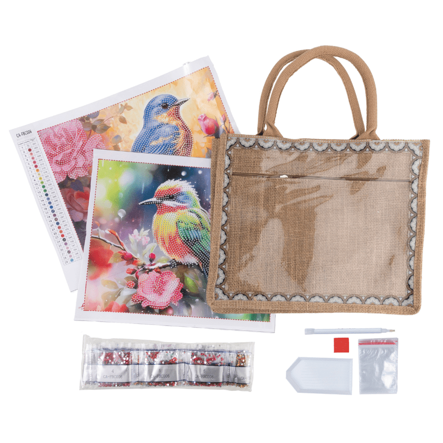 CA-FBC006 Birds Crystal Art Interchangeable Panel Jute Bag 1