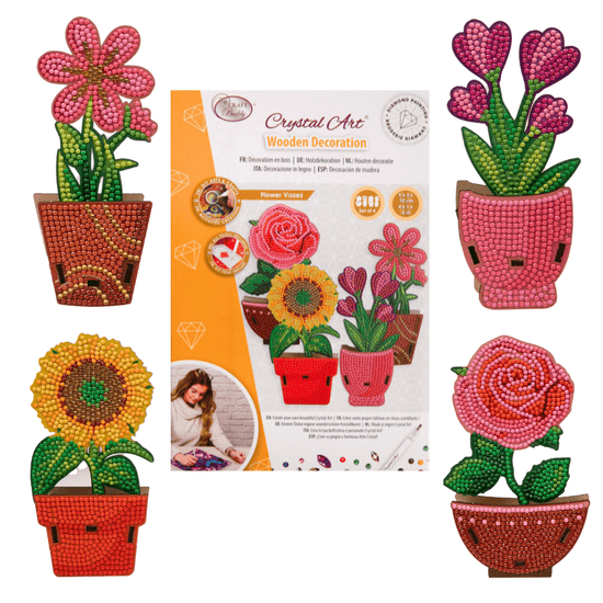 Load image into Gallery viewer, &amp;quot;Floral Vases&amp;quot; Crystal Art Wooden Decoration Kit - Set of 4
