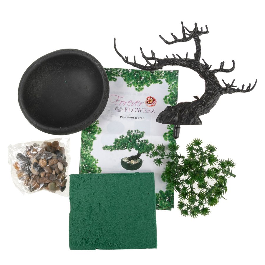 Forever Flowerz Pine Bonsai Tree Kit contents