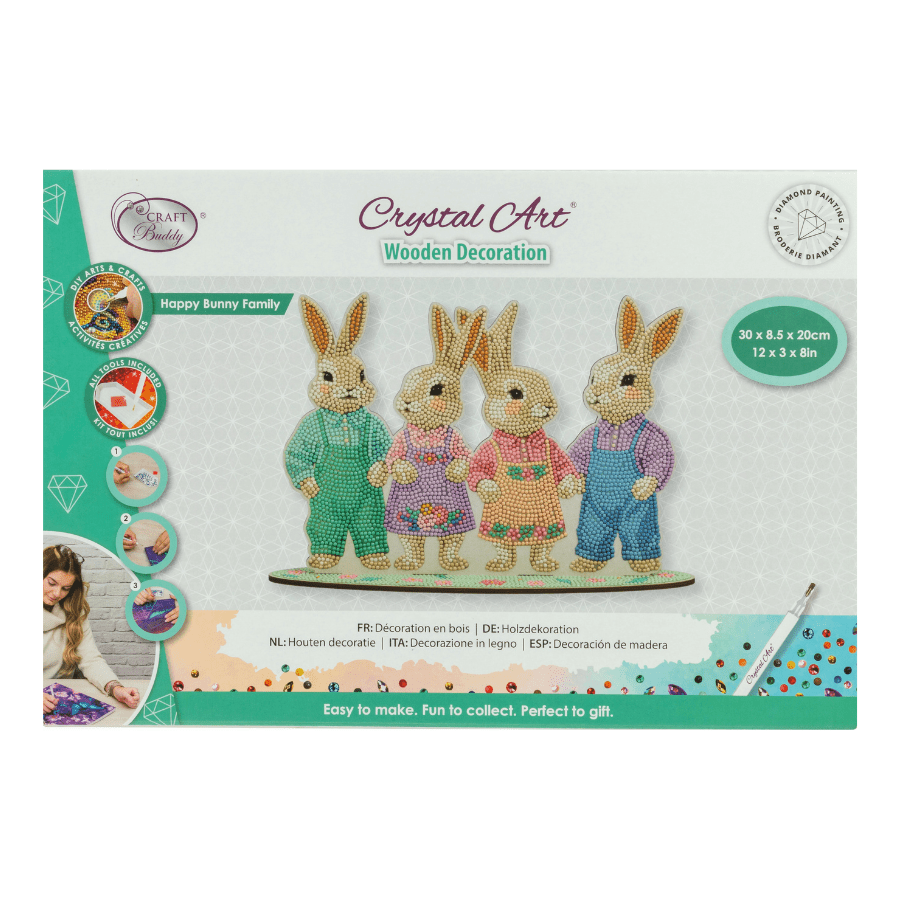 Happy Bunny Family Crystal Art Wooden Decoration