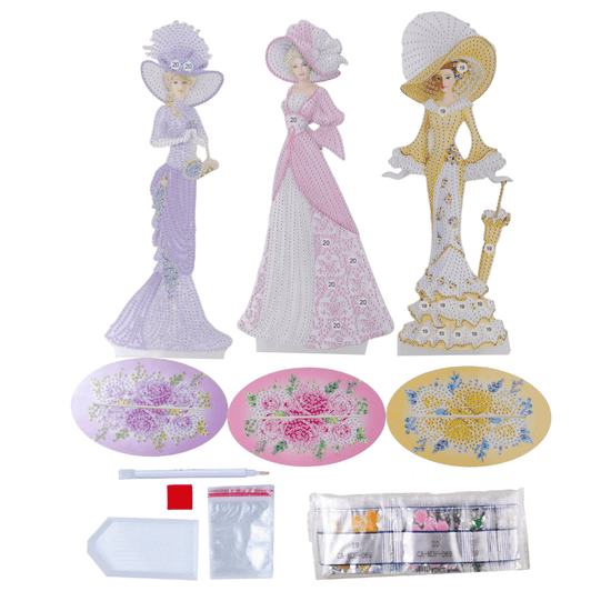 Victorian Ladies Crystal Art Wooden Decoration Set 3