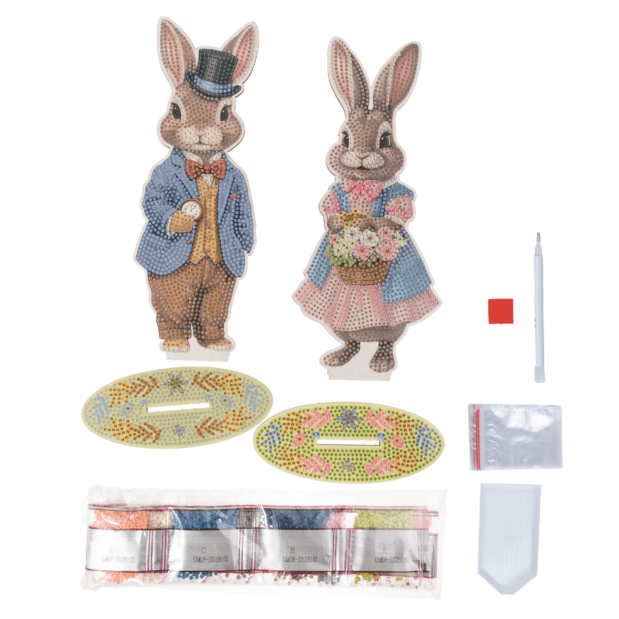 Vintage Bunnies Crystal Art Wooden Decoration