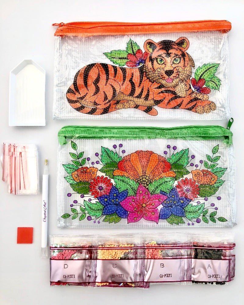 "Tiger & Flowers" Crystal Art Pencil Cases Set of 2