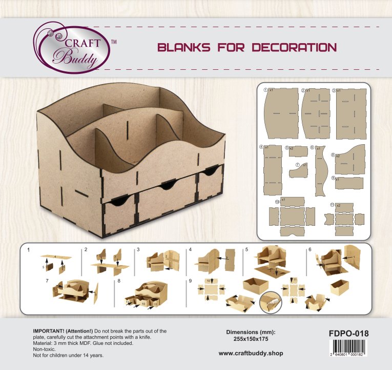 FDPO-018: Craft Buddy 8 Compartment MDF Organiser Caddy