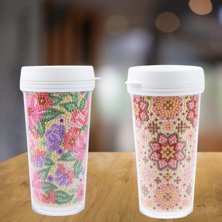 "Floral and Mandala" Crystal Art Cold Drink Tumblers x2 Front 