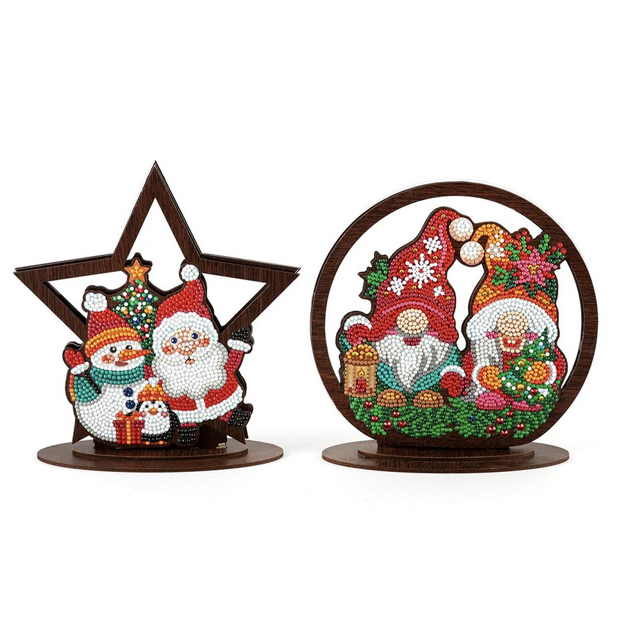 Santa's family and gnomes crystal art mdf home ornaments set of 2