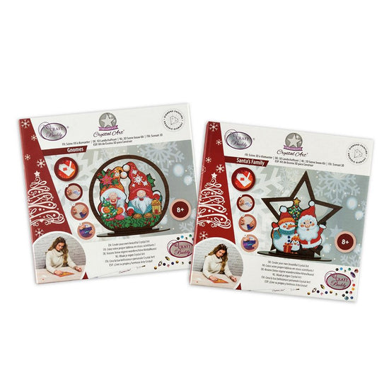 Santa's family and gnomes crystal art mdf home ornaments set of 2 front packaging